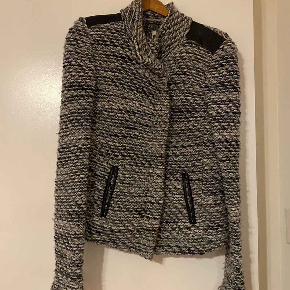 IRO 🤍 wool leather accent women’s jacket sweater zip up funnel neck black white